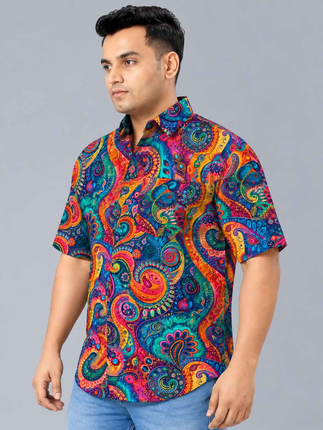 Rainbow Paisley Digital Printed Men's Plus Size Half Sleeve Shirt