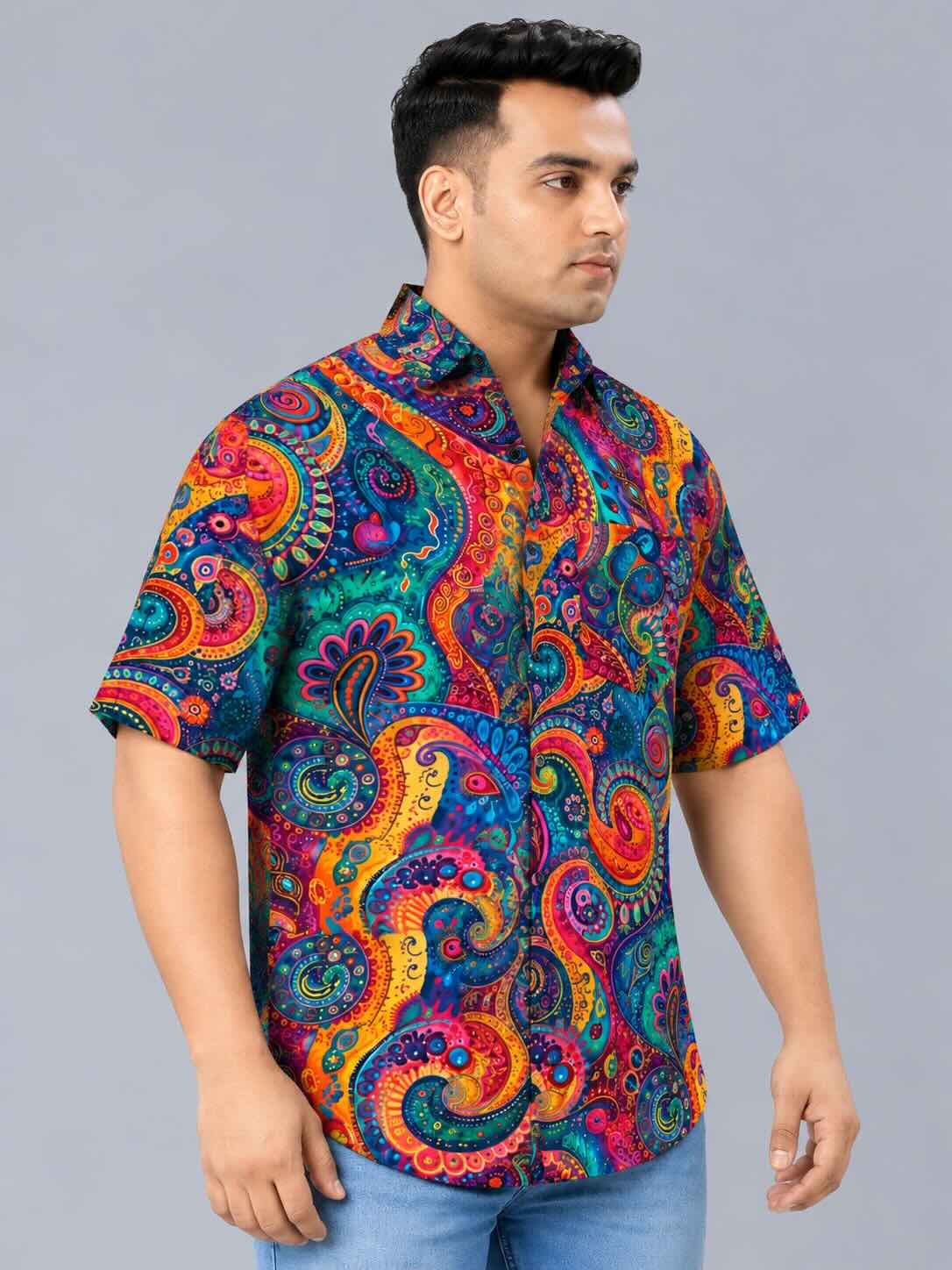 Rainbow Paisley Digital Printed Men's Plus Size Half Sleeve Shirt