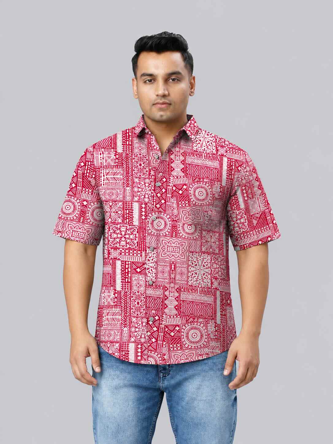 Geometric Block Printed Men's Plus Size Half Sleeve Shirt