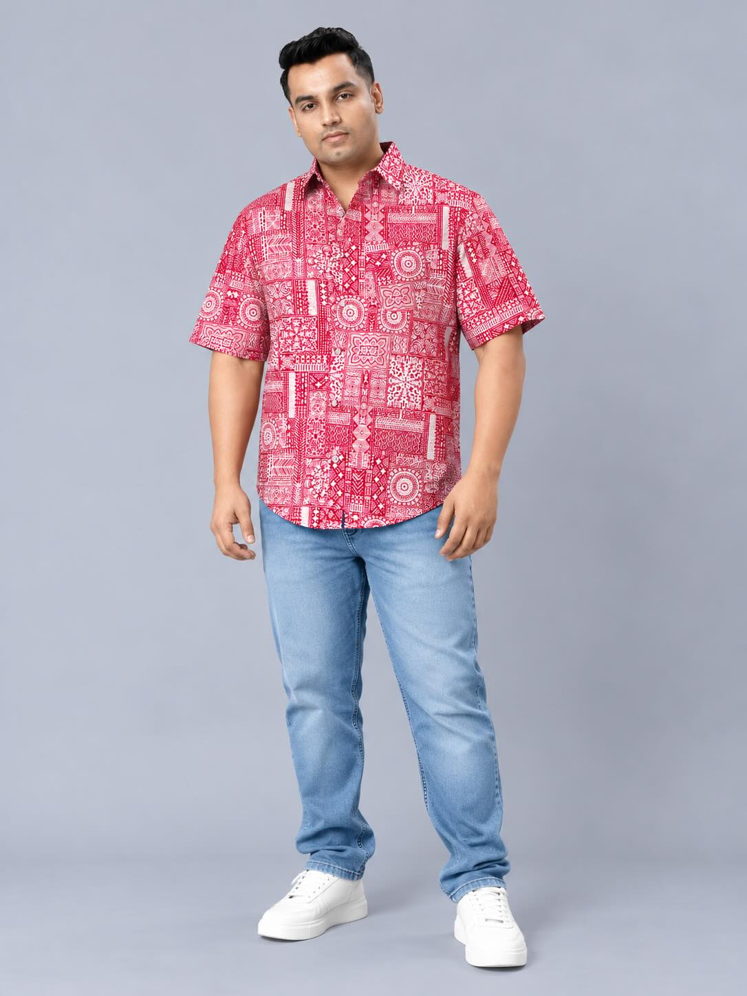 Geometric Block Printed Men's Plus Size Half Sleeve Shirt