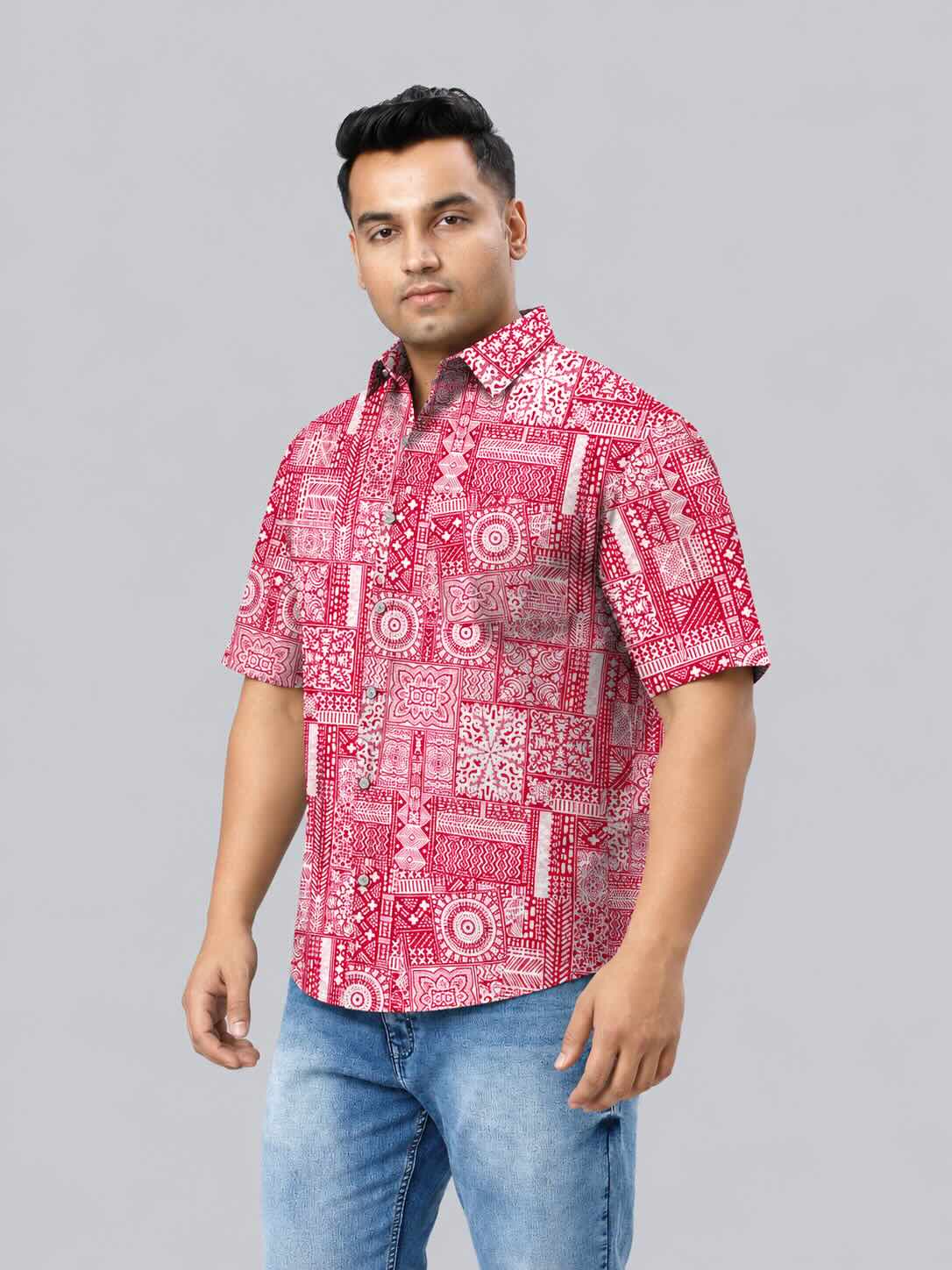 Geometric Block Printed Men's Plus Size Half Sleeve Shirt