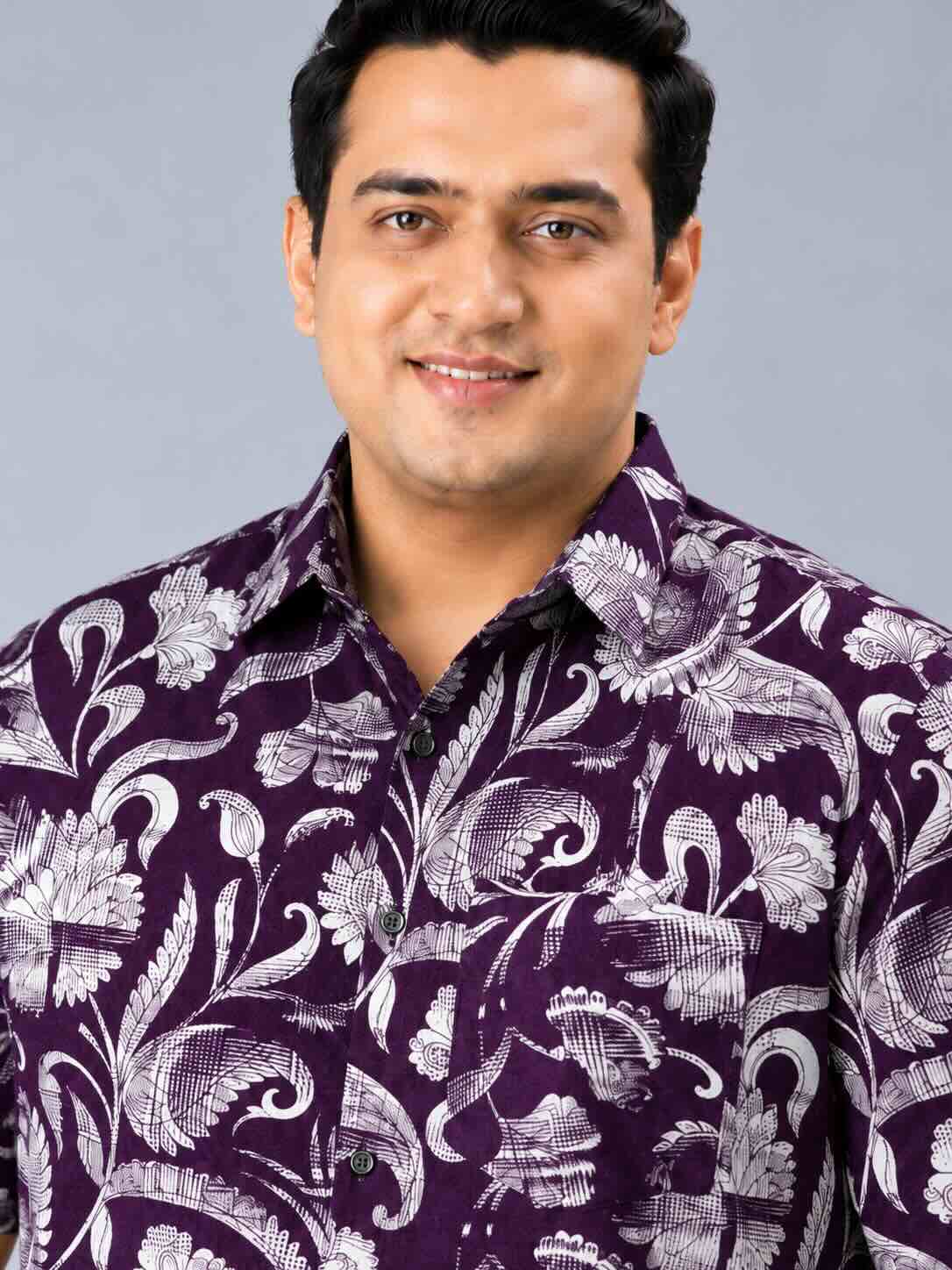 Purple Floral Printed Men's Plus Size Half Sleeve Shirt
