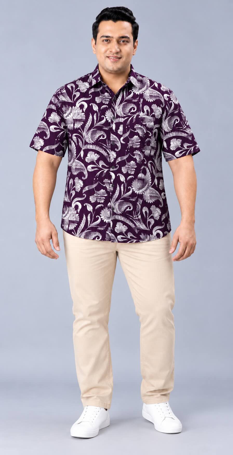 Purple Floral Printed Men's Plus Size Half Sleeve Shirt