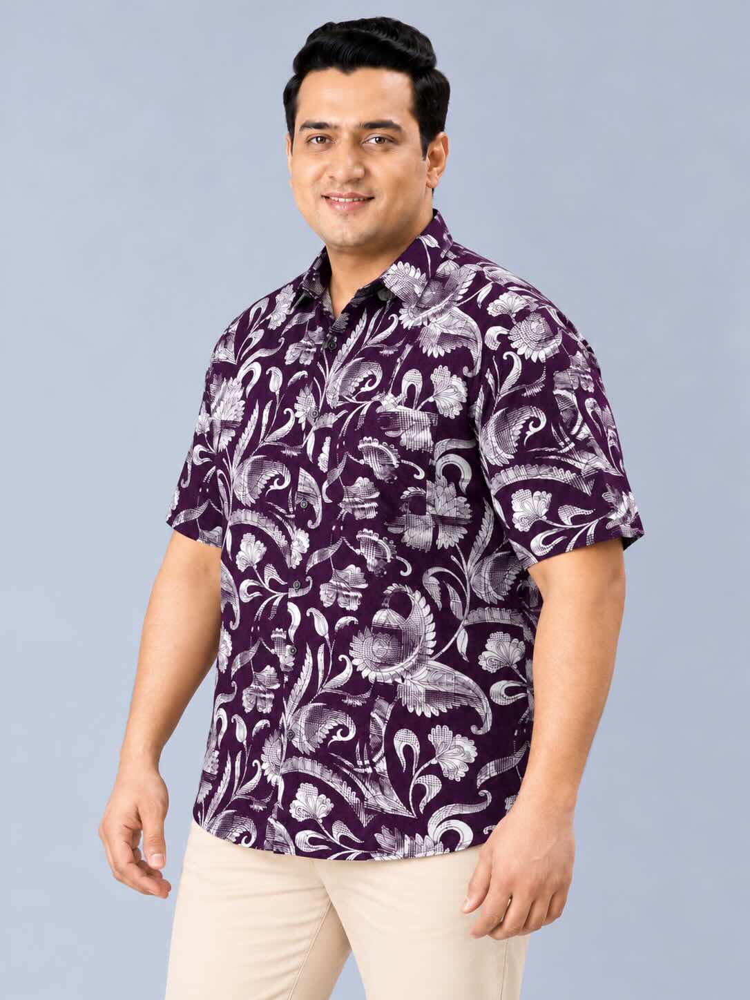 Purple Floral Printed Men's Plus Size Half Sleeve Shirt
