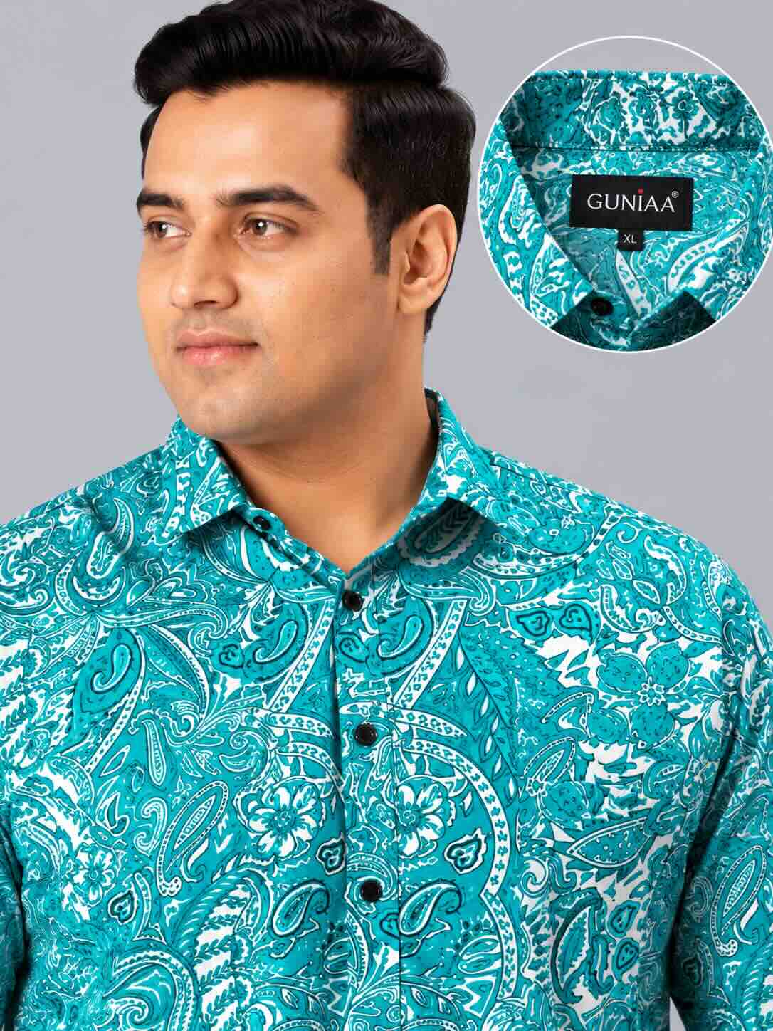 Turquoise Paisley Printed Men's Plus Size Half Sleeve Shirt
