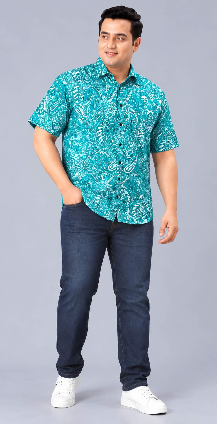 Turquoise Paisley Printed Men's Plus Size Half Sleeve Shirt