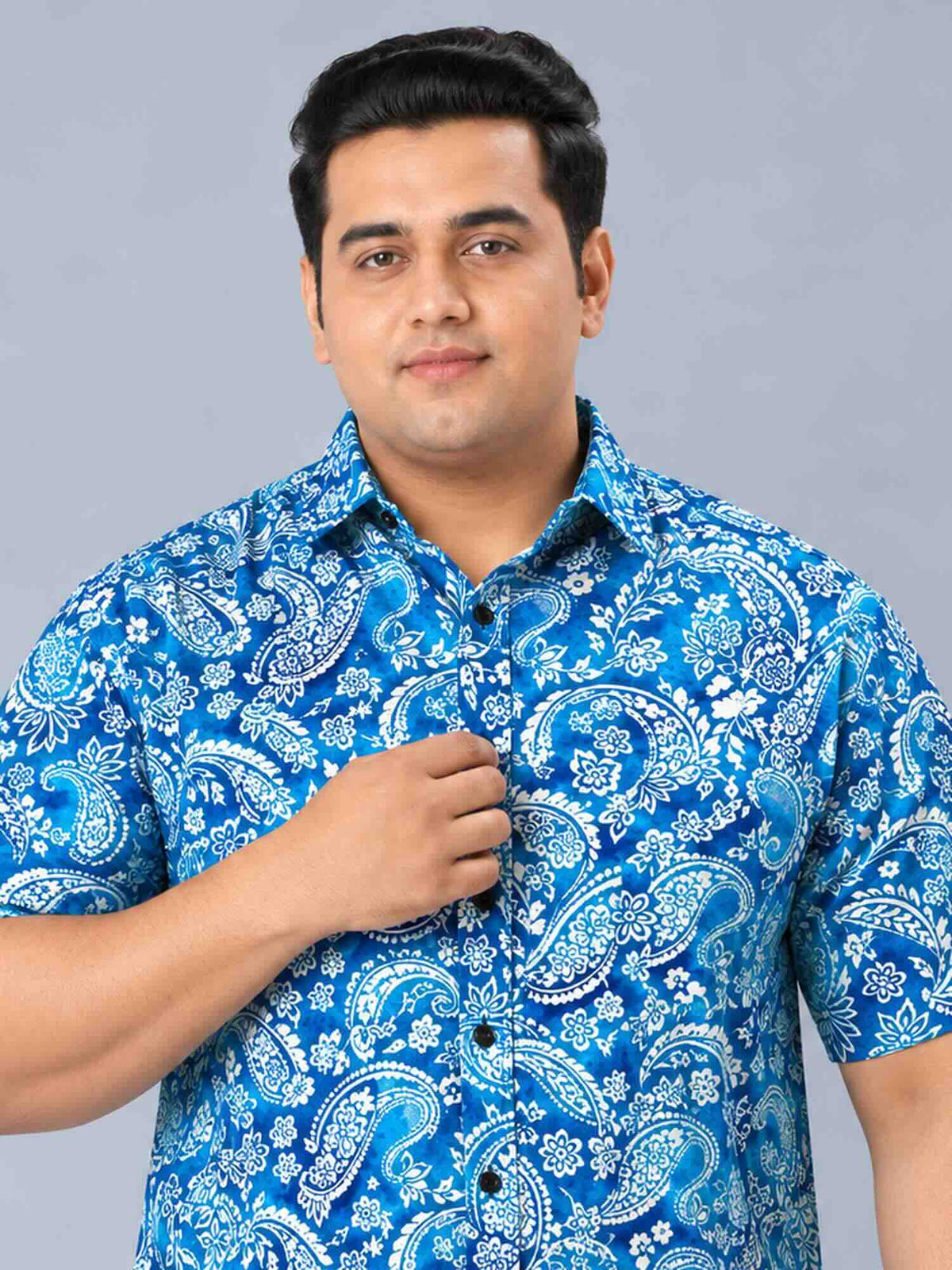Indigo Floral Paisley Printed Men's Plus Size Half Sleeve Shirt