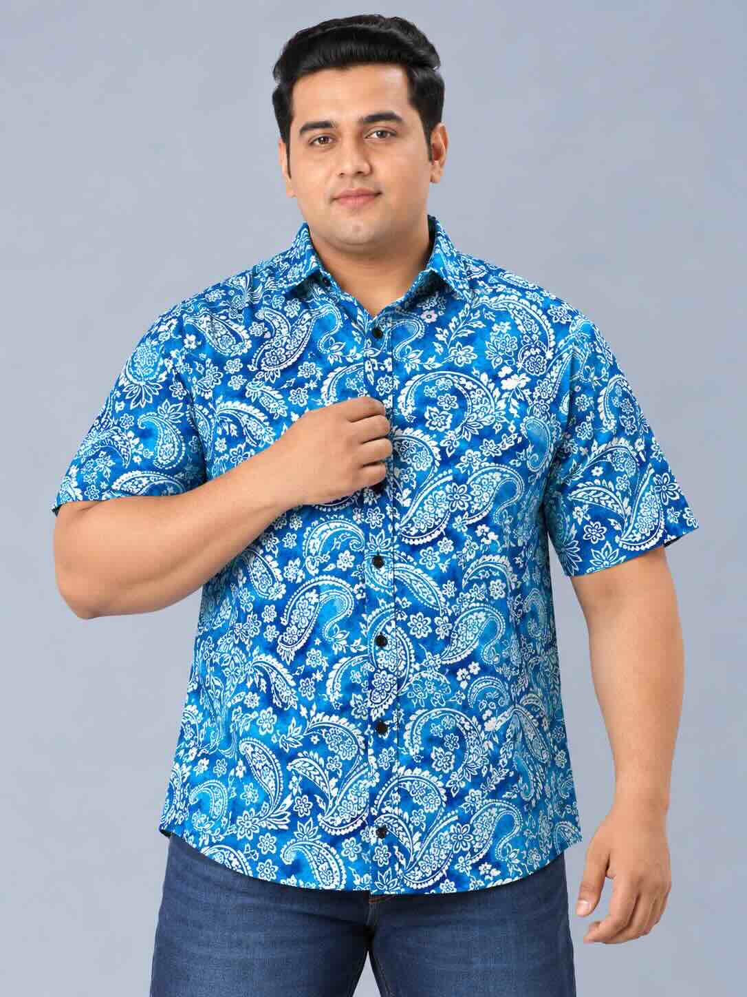 Indigo Floral Paisley Printed Men's Plus Size Half Sleeve Shirt