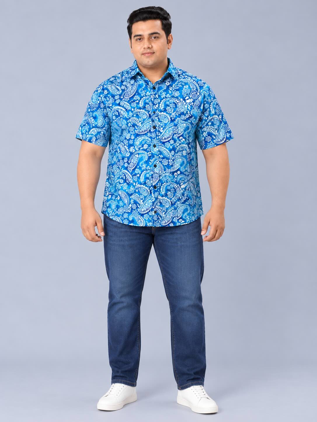 Indigo Floral Paisley Printed Men's Plus Size Half Sleeve Shirt