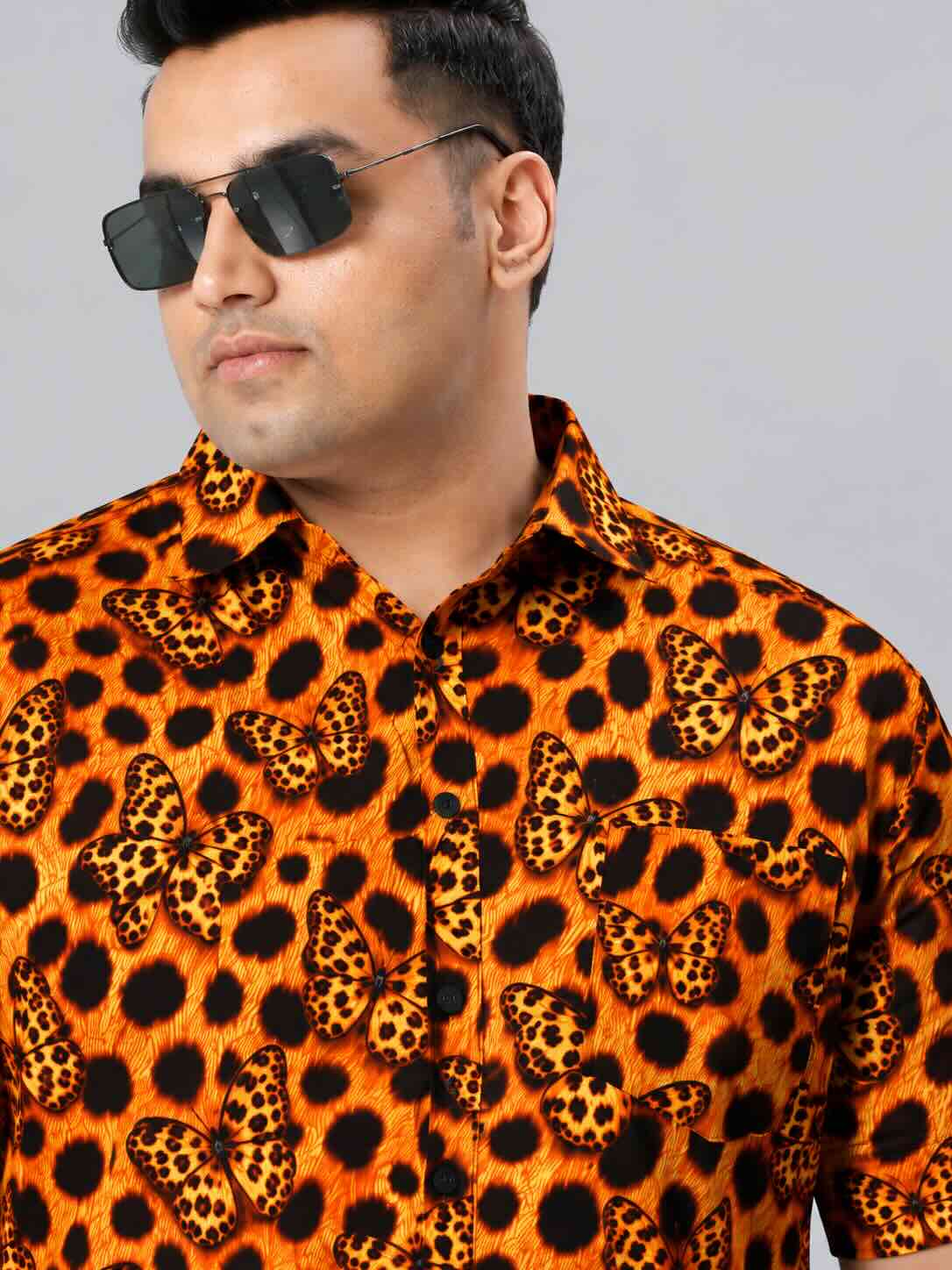 Leopard Butterfly Printed Men's Plus Size Half Sleeve Shirt