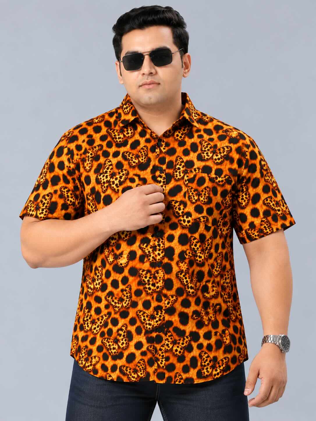 Leopard Butterfly Printed Men's Plus Size Half Sleeve Shirt