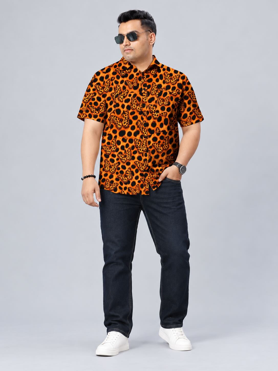 Leopard Butterfly Printed Men's Plus Size Half Sleeve Shirt