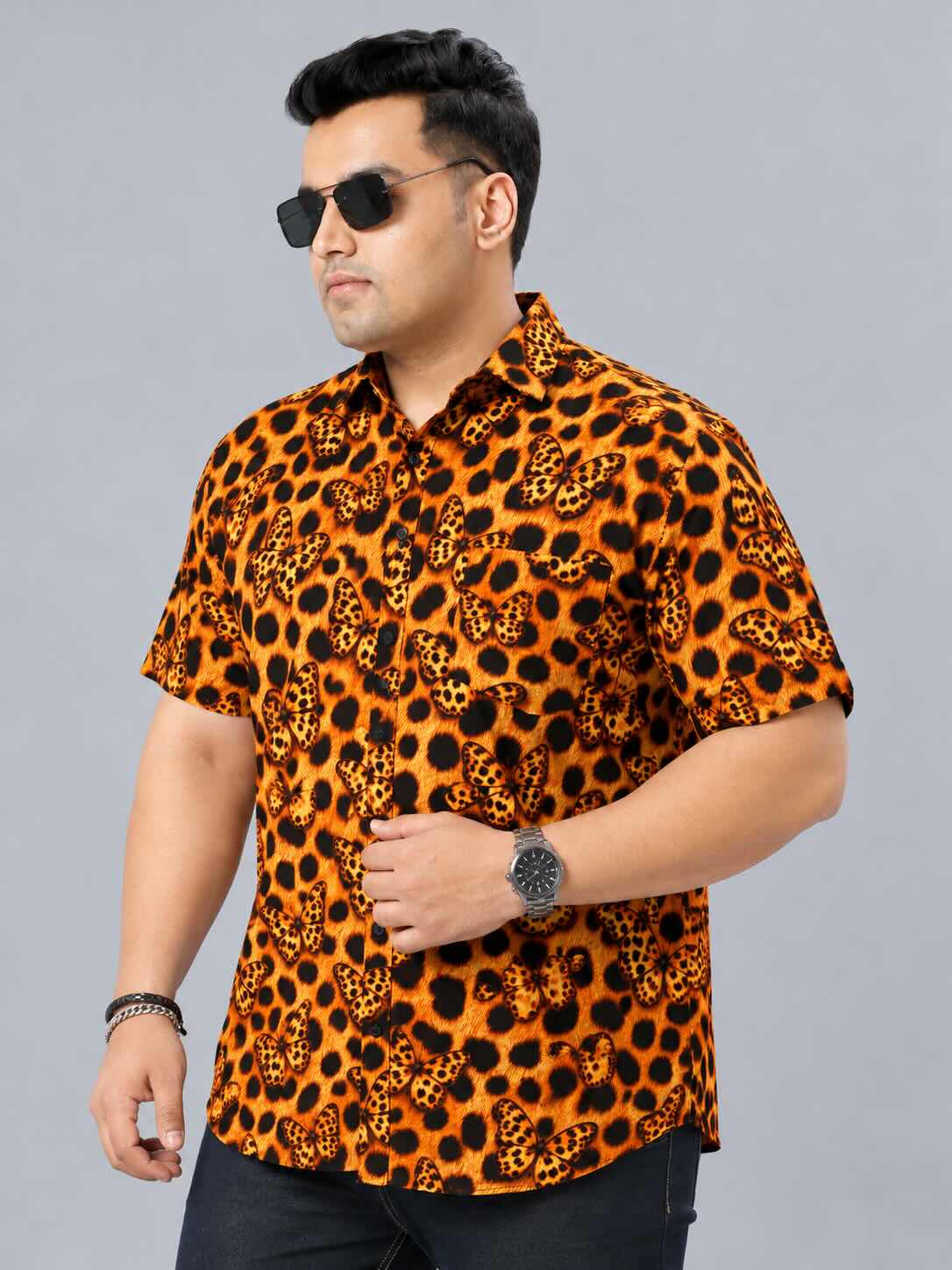 Leopard Butterfly Printed Men's Plus Size Half Sleeve Shirt