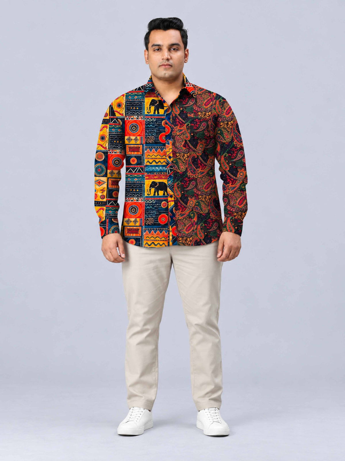 Tribal Elephant Digital Printed Men's Plus Size Party Wear Full Shirt