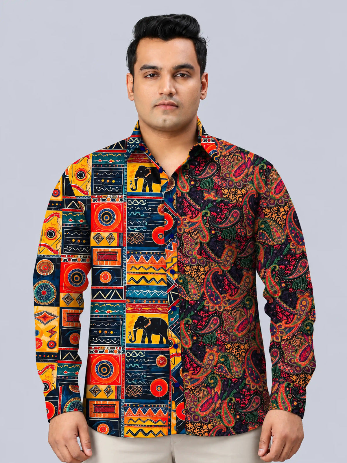 Tribal Elephant Digital Printed Men's Plus Size Party Wear Full Shirt