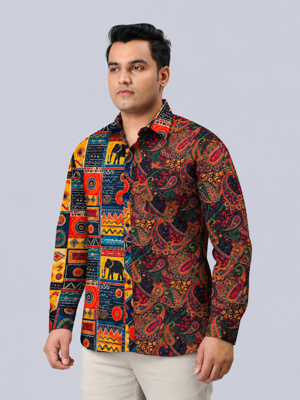 Tribal Elephant Digital Printed Men's Plus Size Party Wear Full Shirt