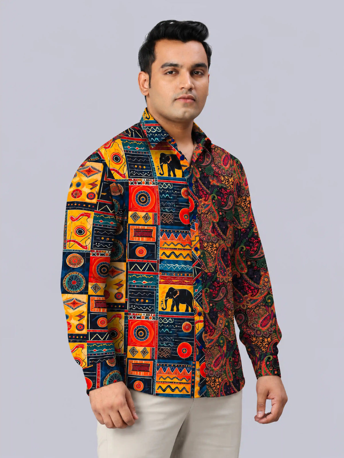 Tribal Elephant Digital Printed Men's Plus Size Party Wear Full Shirt