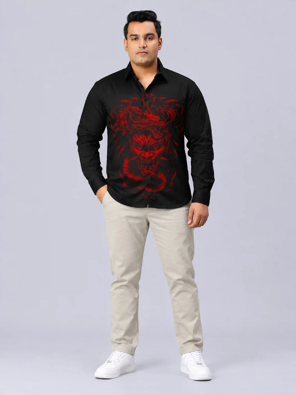 Red Oni Dragon Digital Printed Men's Plus Size Party Wear Full Shirt