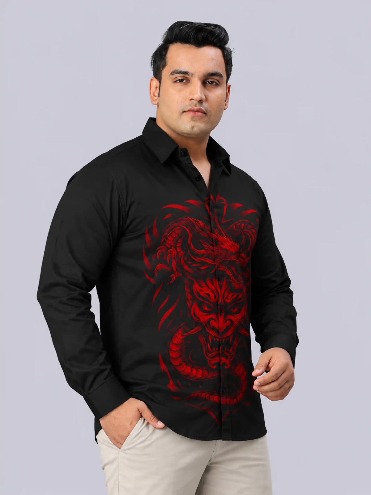 Red Oni Dragon Digital Printed Men's Plus Size Party Wear Full Shirt
