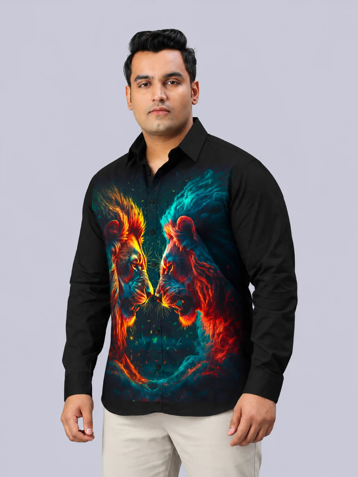 Lion Face-Off Digital Printed Men's Plus Size Party Wear Full Shirt