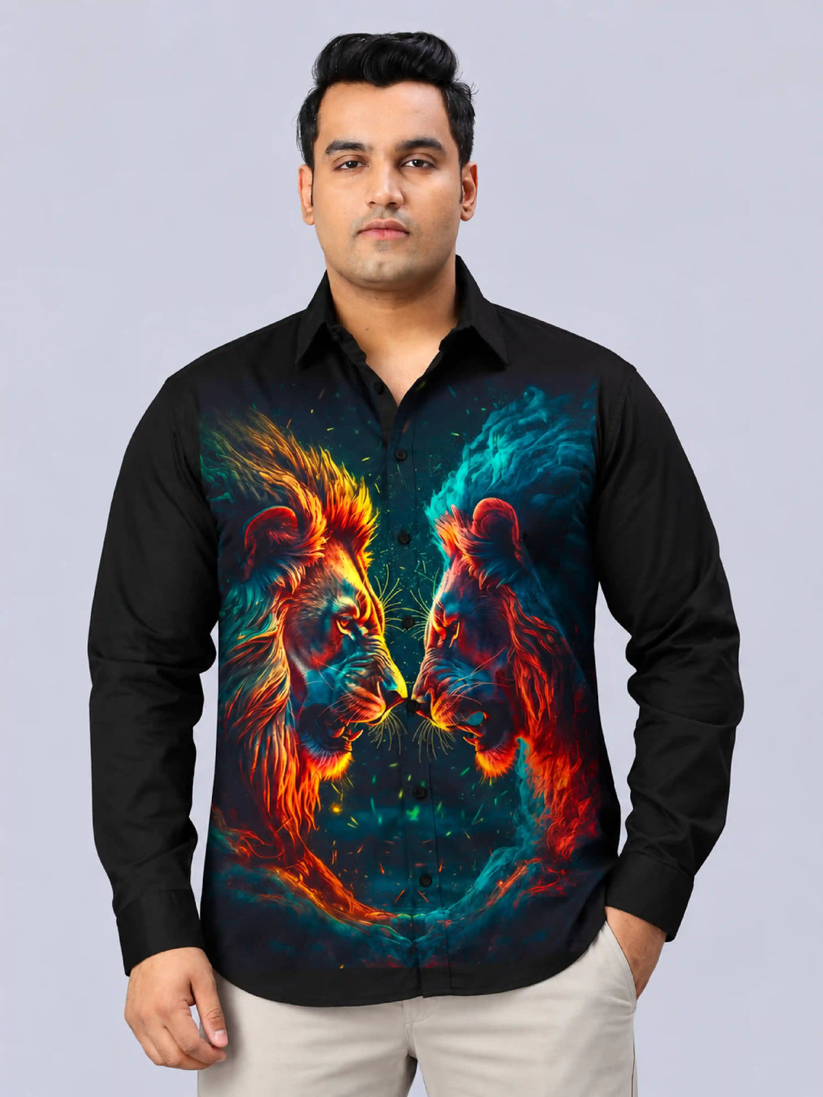 Lion Face-Off Digital Printed Men's Plus Size Party Wear Full Shirt