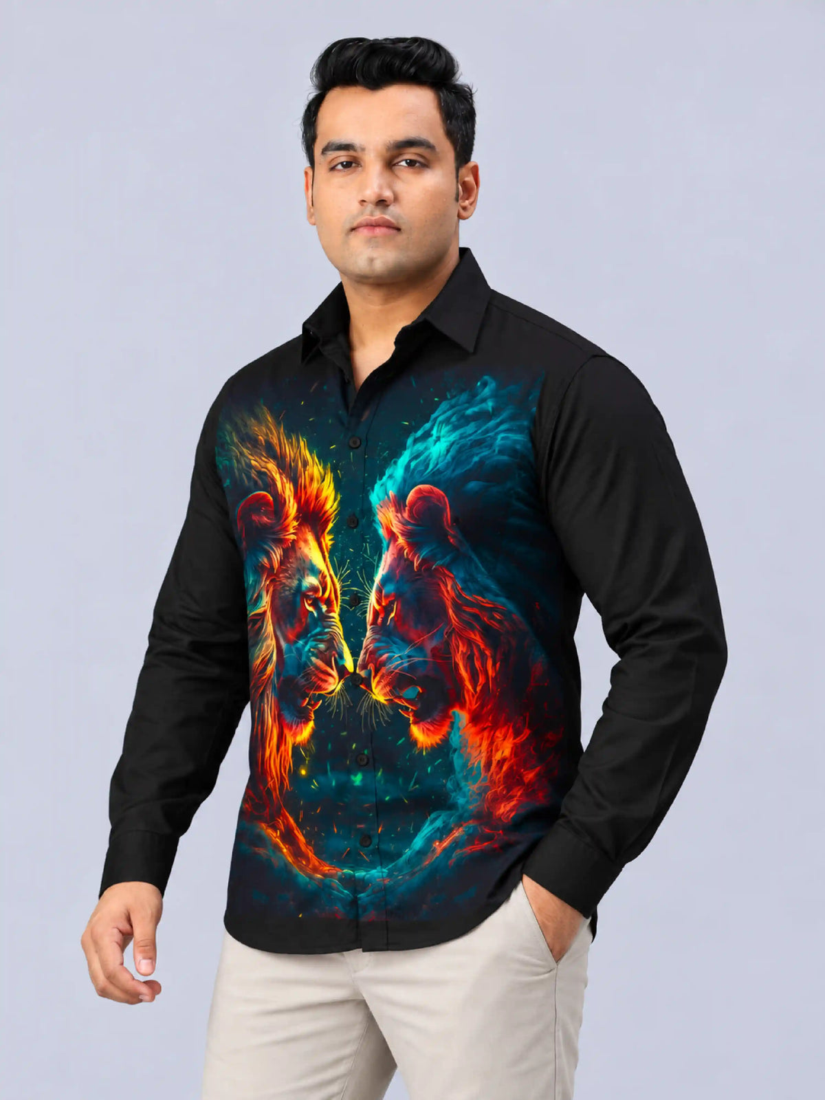 Lion Face-Off Digital Printed Men's Plus Size Party Wear Full Shirt