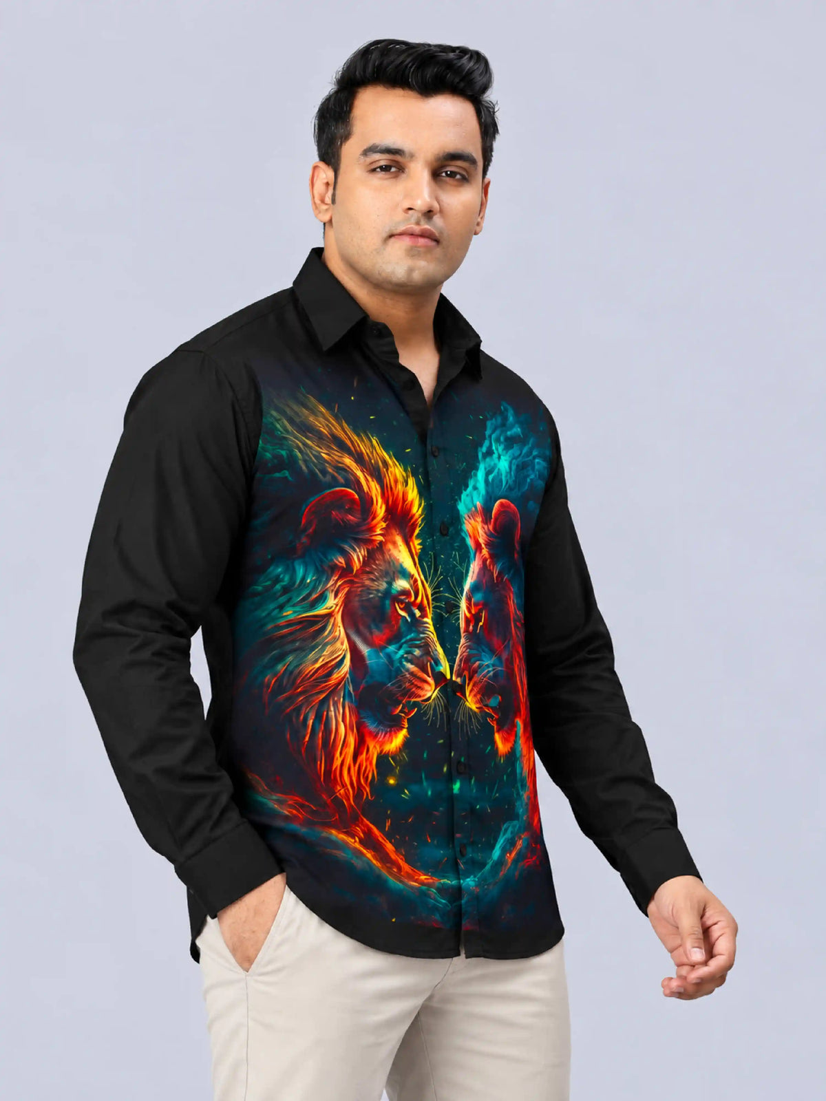 Lion Face-Off Digital Printed Men's Plus Size Party Wear Full Shirt