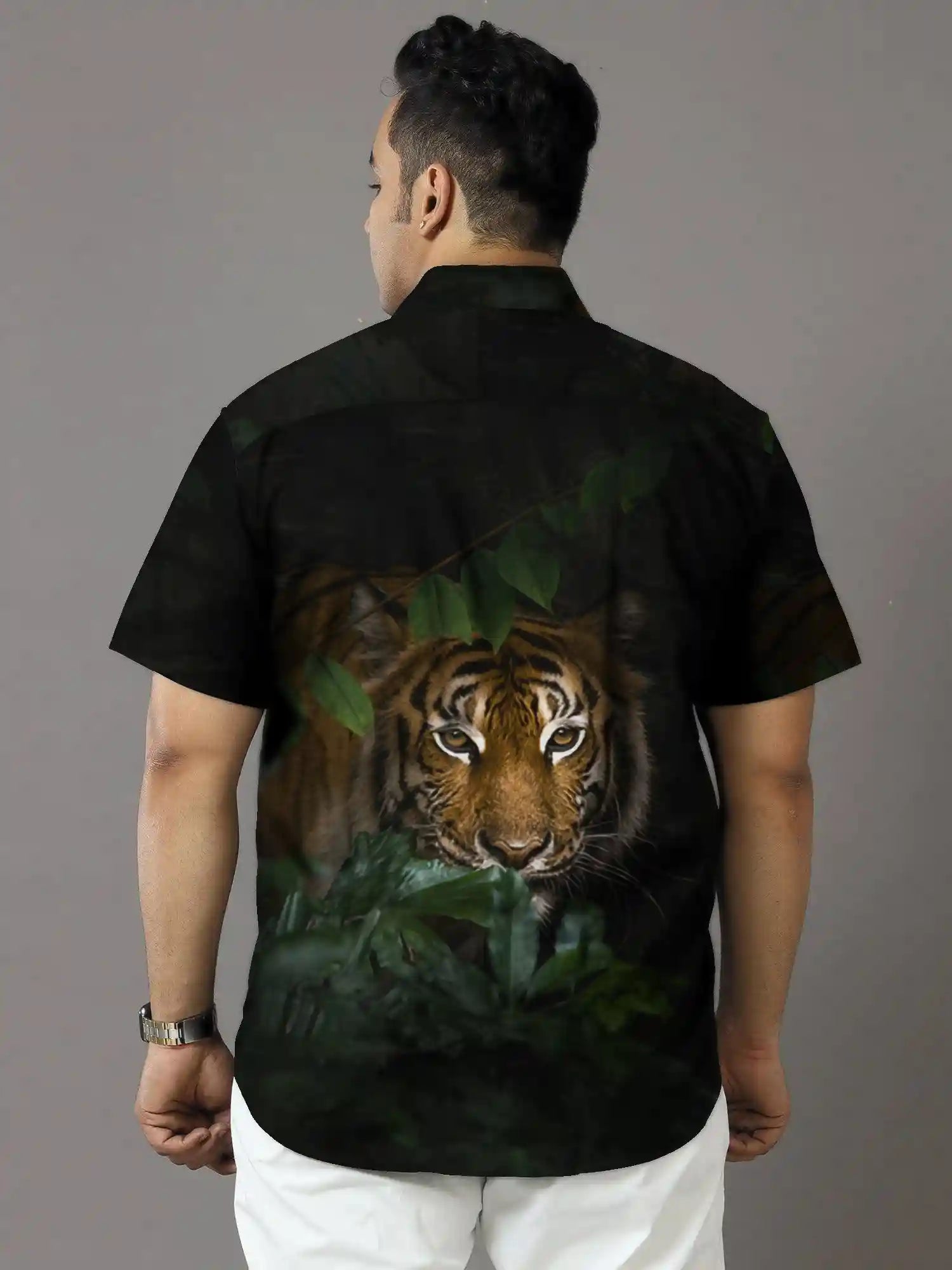 Leopard Face Print Party Wear Plus Size Half Shirt