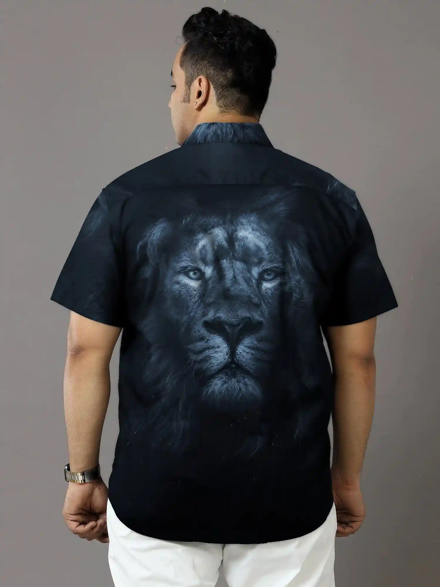 Lion Face Print Party Wear Plus Size Half Shirt