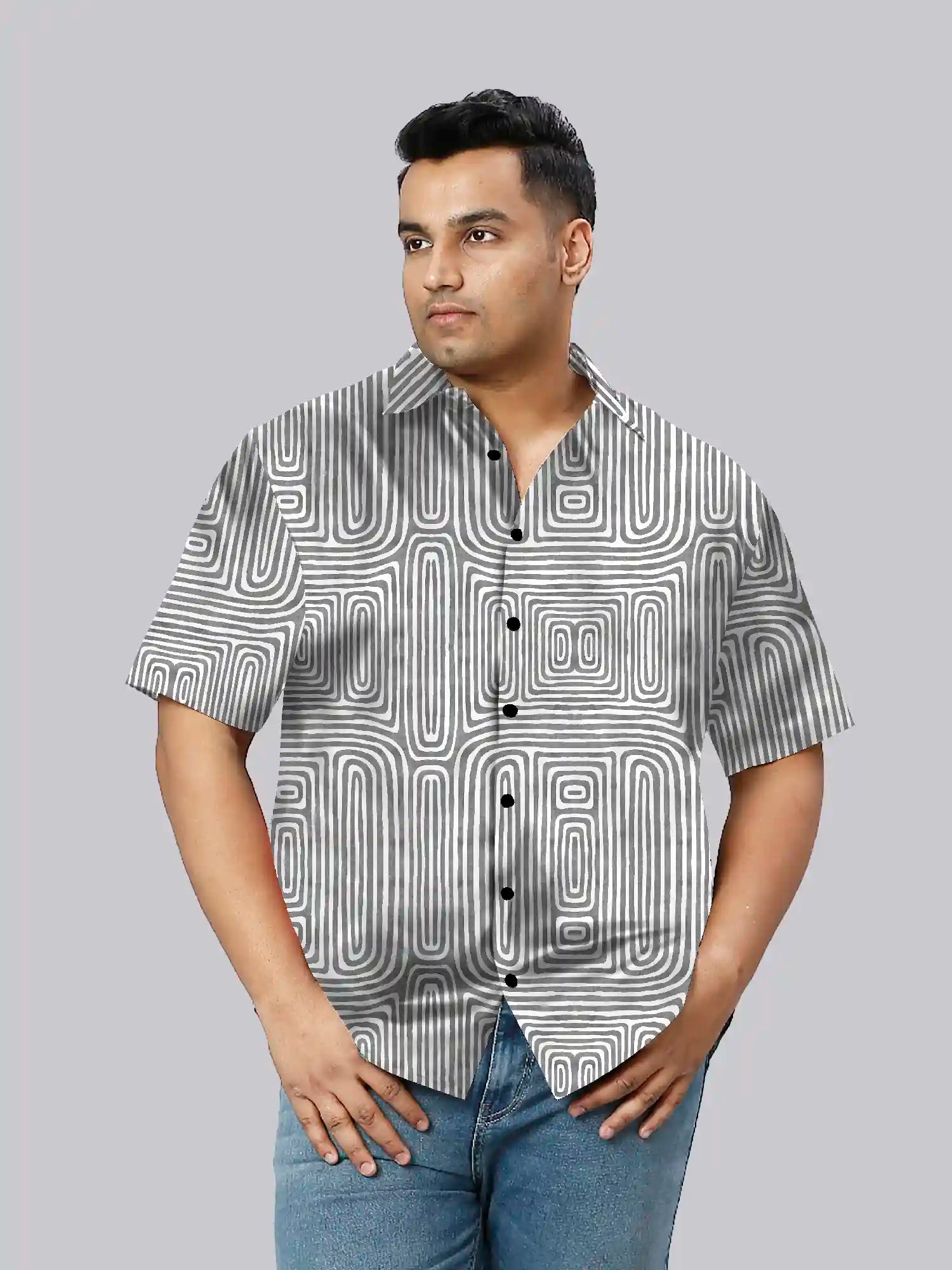 Black Abstract Cotton Linen Plus Size Half Sleeve Shirt