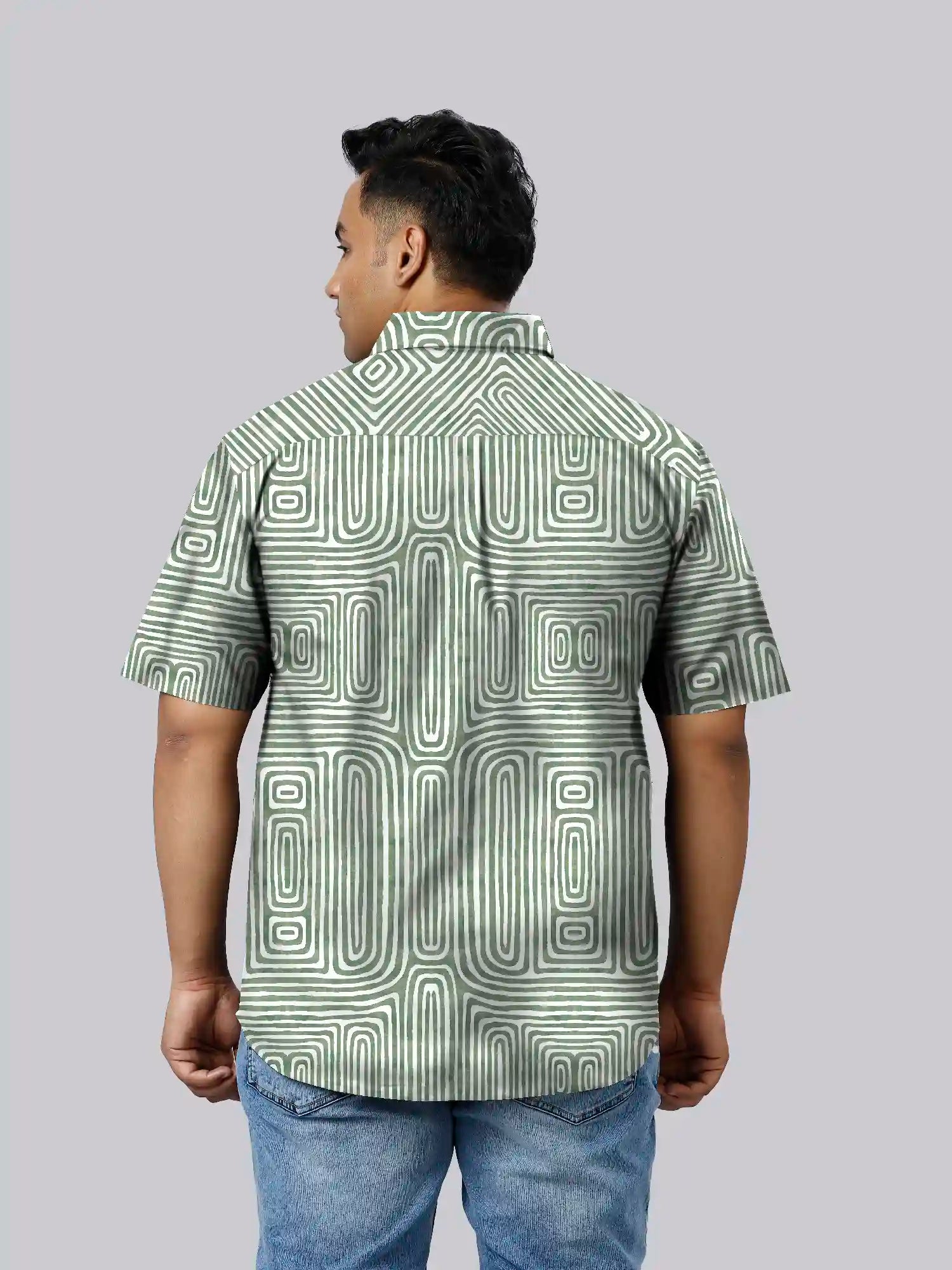Green Abstract Cotton Linen Plus Size Half Sleeve Shirt