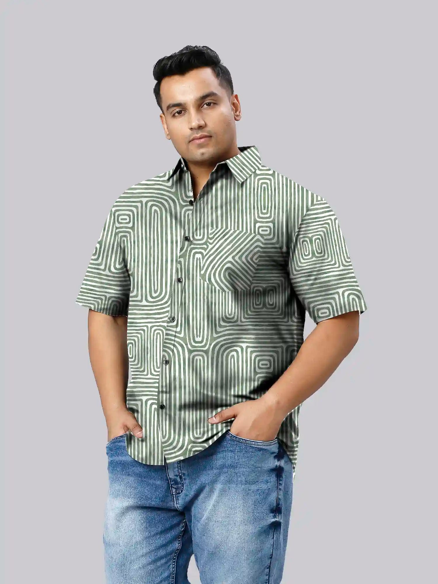 Green Abstract Cotton Linen Plus Size Half Sleeve Shirt