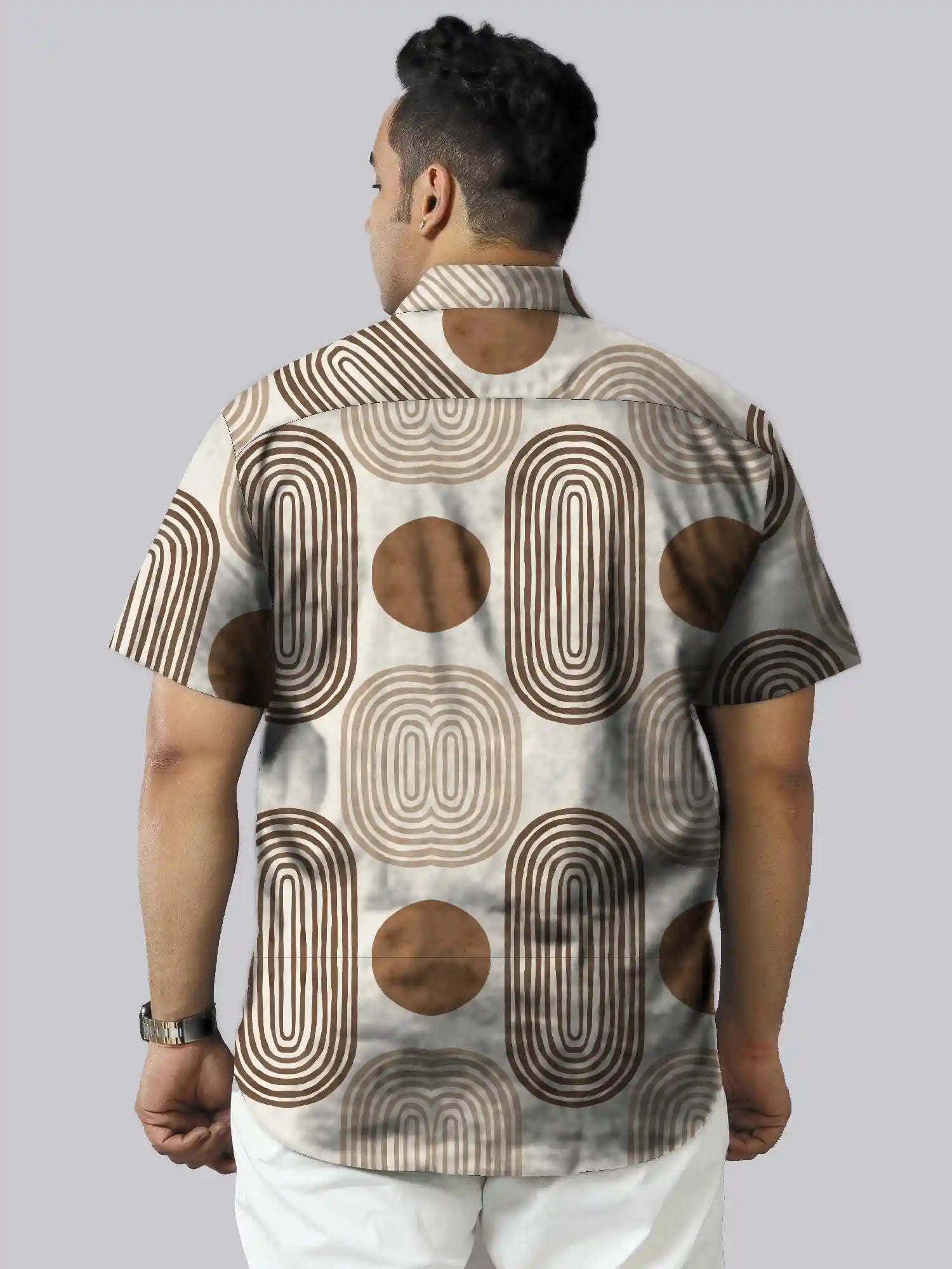 Brown Arches Cotton Linen Plus Size Half Sleeve Shirt