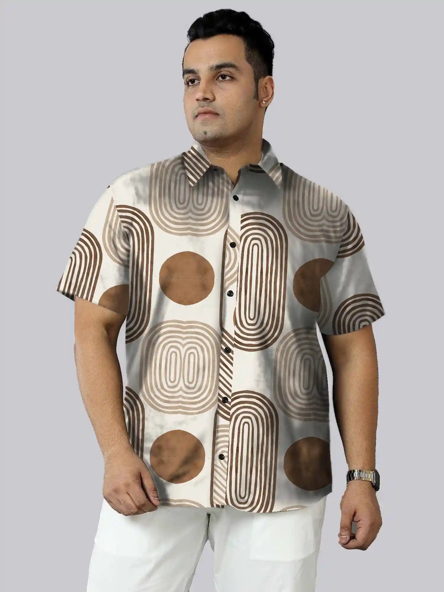 Brown Arches Cotton Linen Plus Size Half Sleeve Shirt