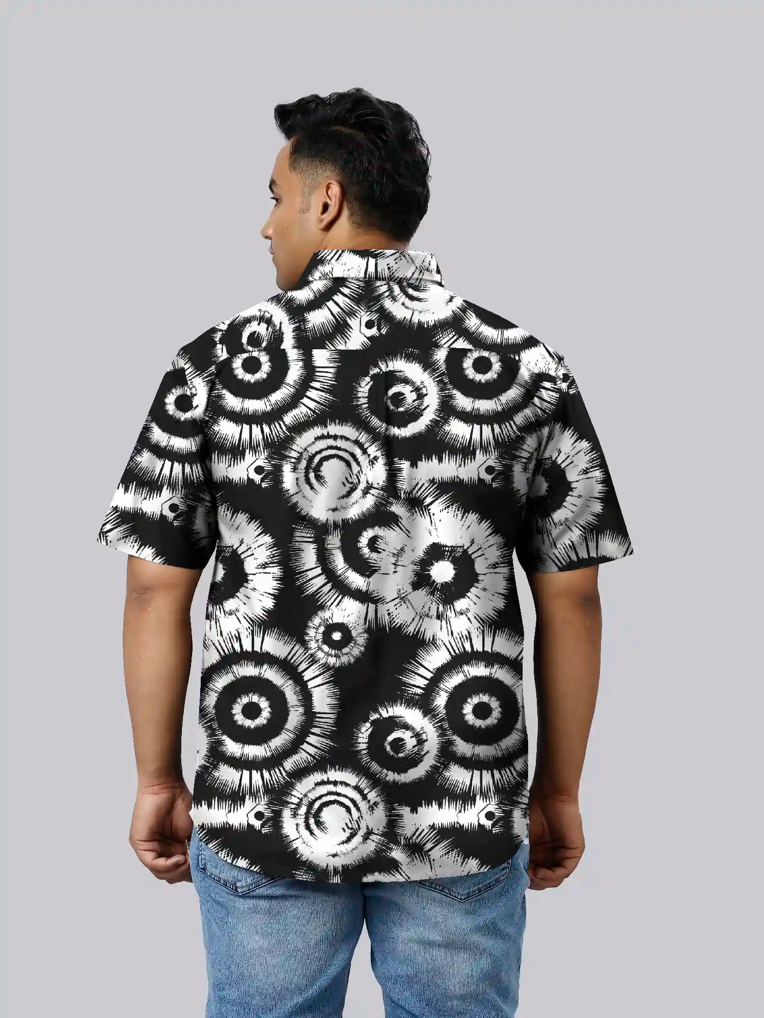 Tie Dye Black Cotton Linen Plus Size Half Sleeve Shirt