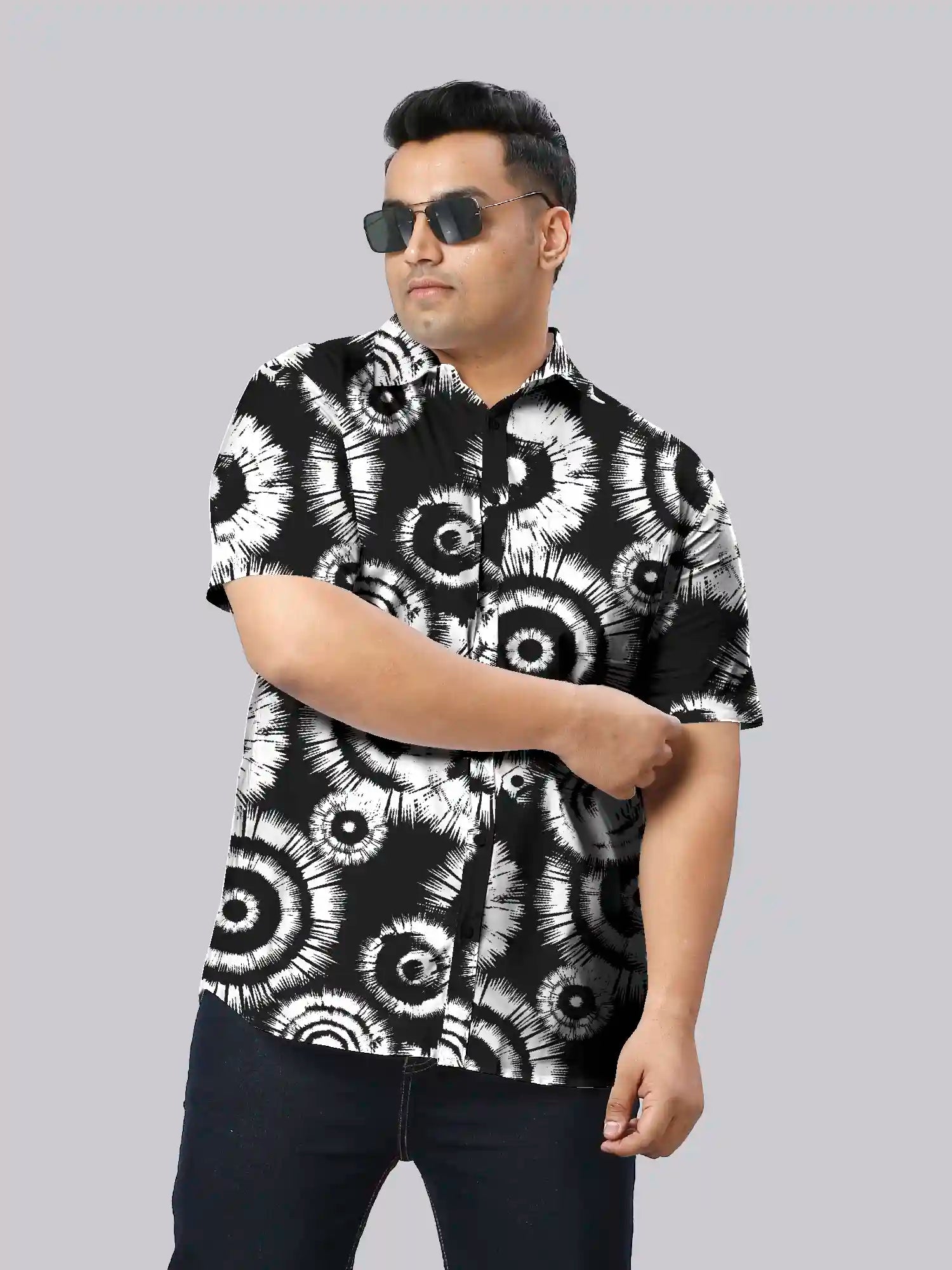 Tie Dye Black Cotton Linen Plus Size Half Sleeve Shirt