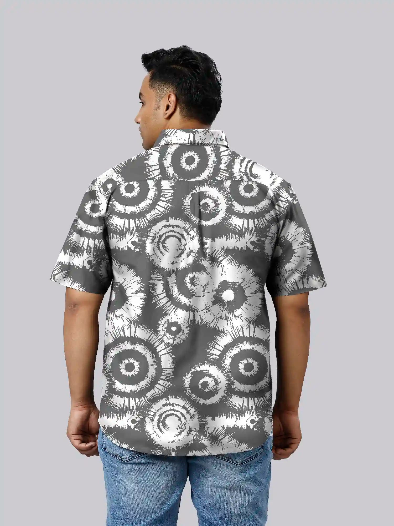 Tie Dye Grey Cotton Linen Plus Size Half Sleeve Shirt