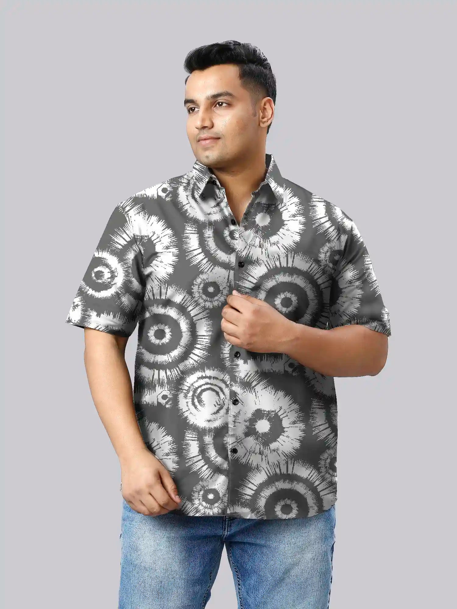 Tie Dye Grey Cotton Linen Plus Size Half Sleeve Shirt