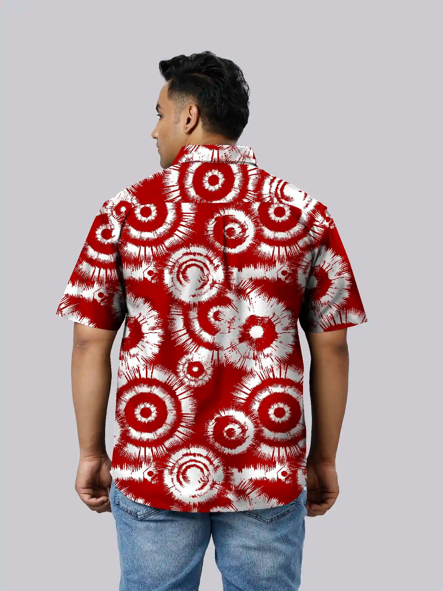 Tie Dye Red Cotton Linen Plus Size Half Sleeve Shirt
