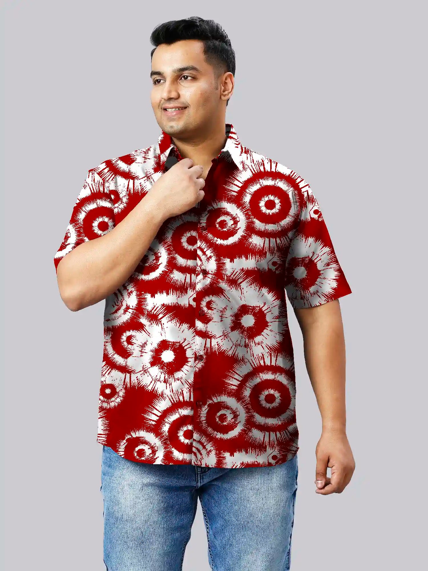 Tie Dye Red Cotton Linen Plus Size Half Sleeve Shirt