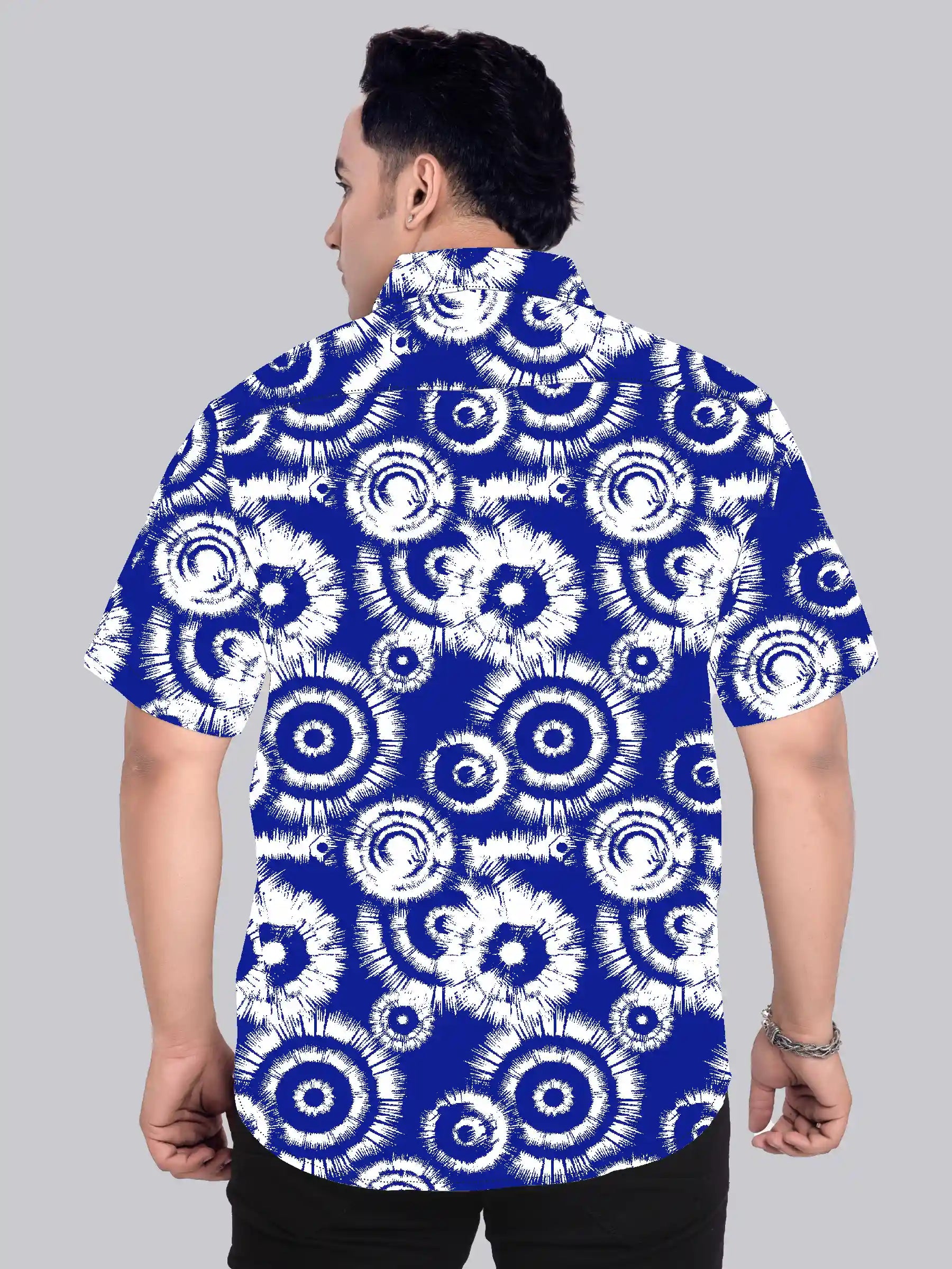 Tie Dye Blue Cotton Linen Plus Size Half Sleeve Shirt