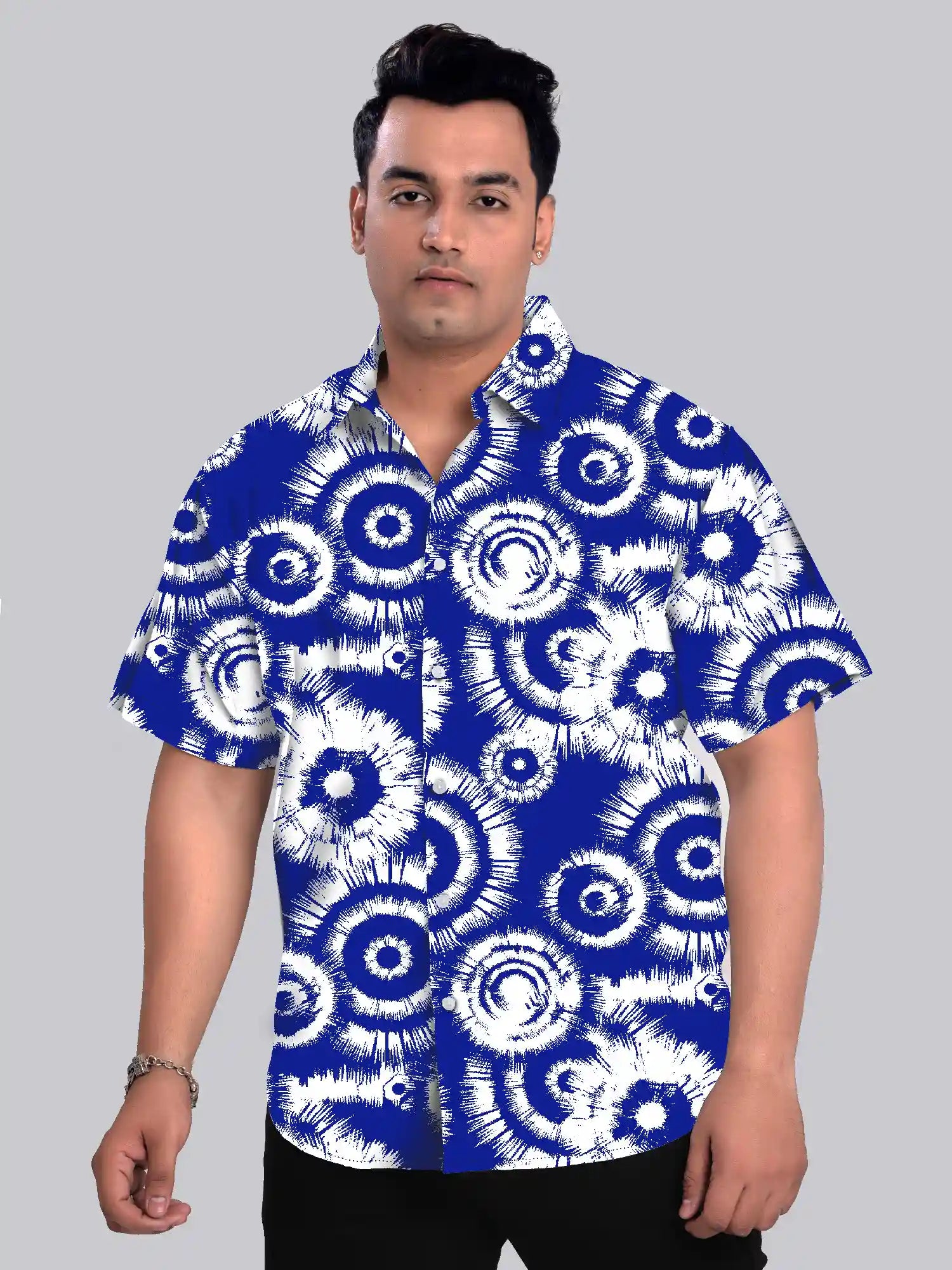 Tie Dye Blue Cotton Linen Plus Size Half Sleeve Shirt