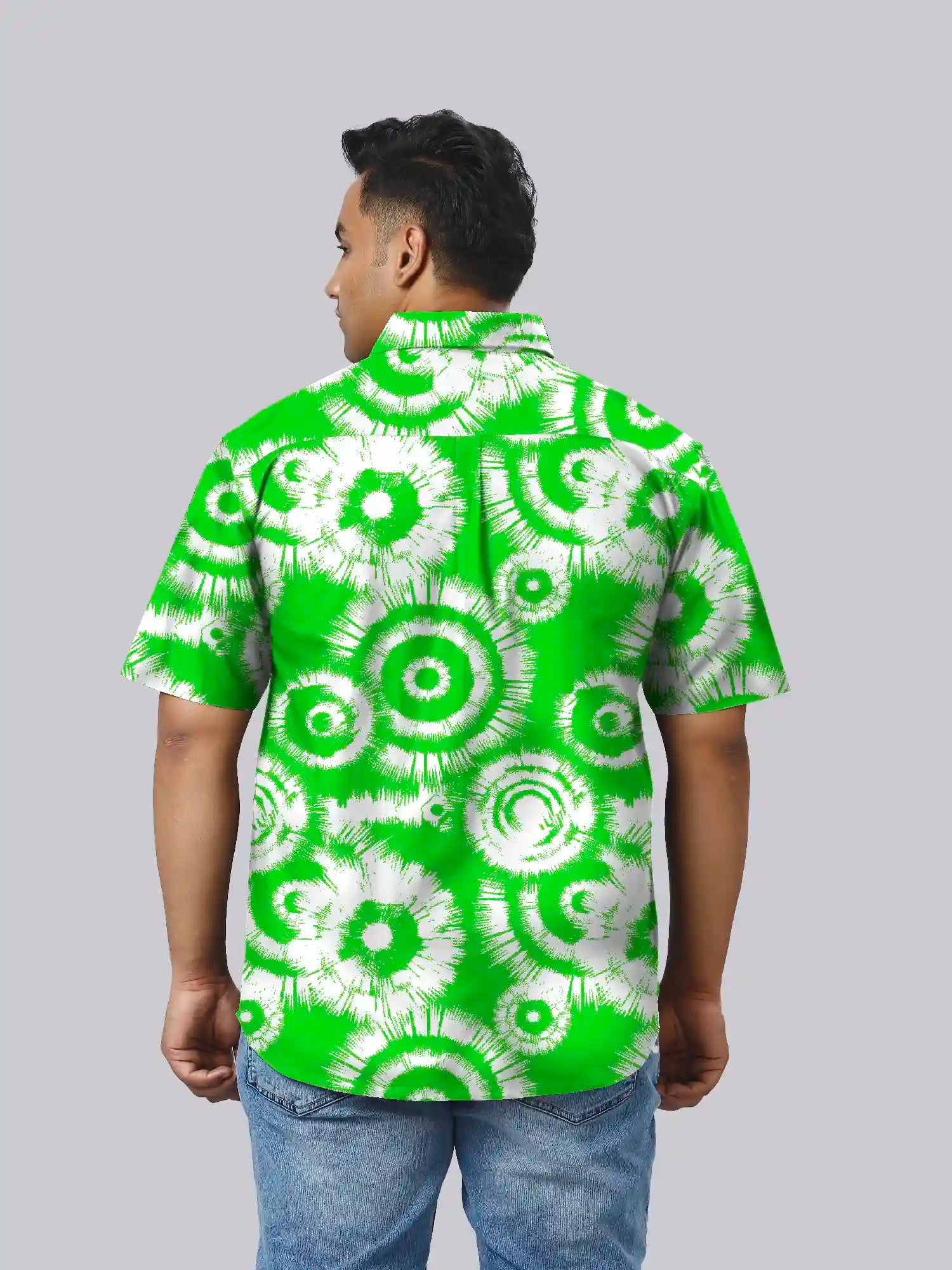 Tie Dye Green Cotton Linen Plus Size Half Sleeve Shirt