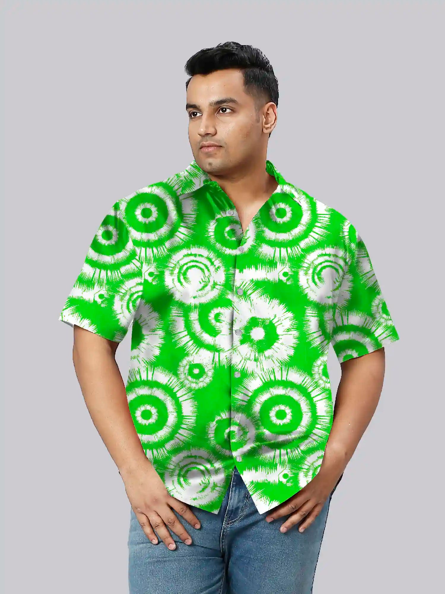 Tie Dye Green Cotton Linen Plus Size Half Sleeve Shirt