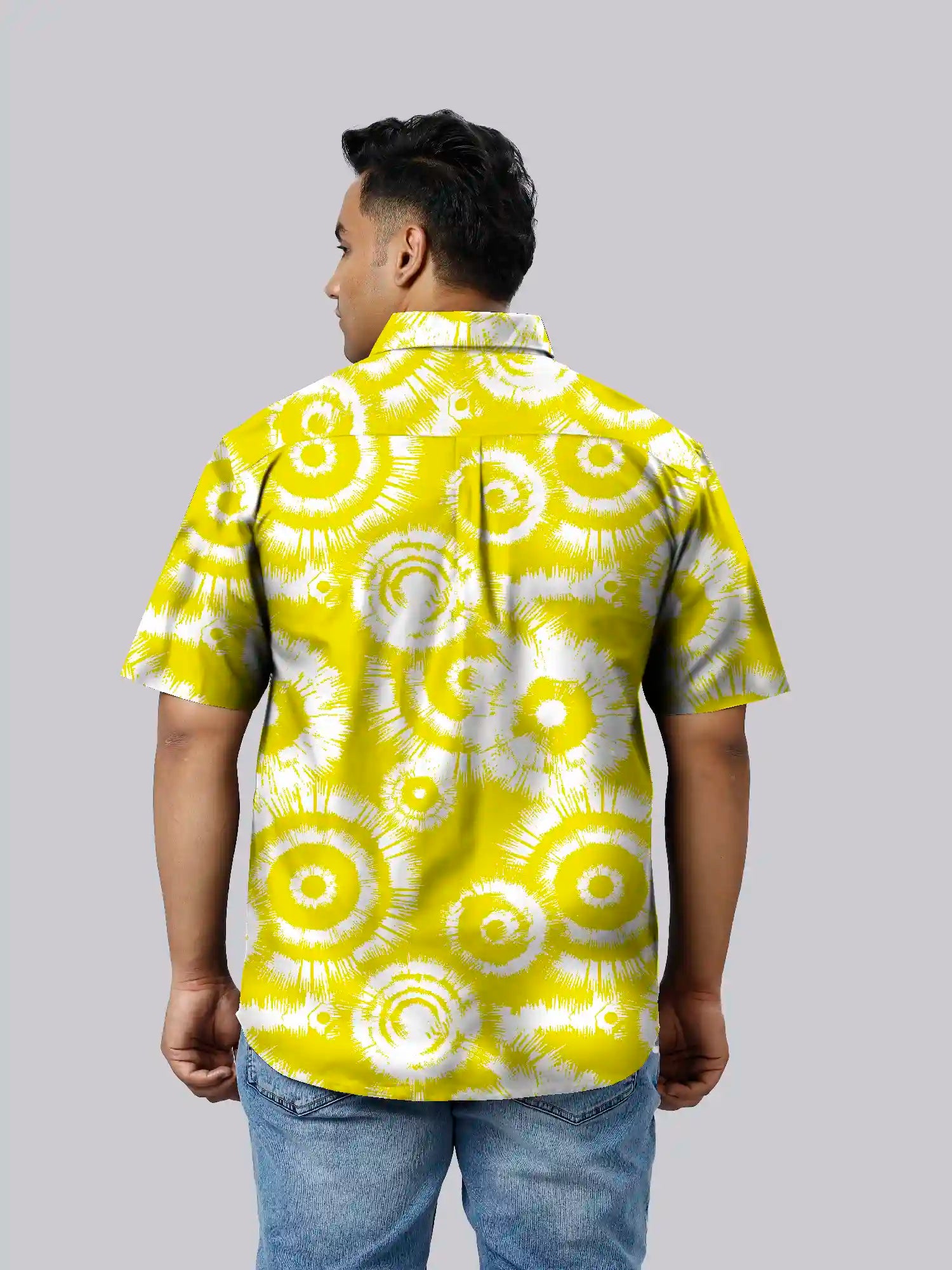 Tie Dye Yellow Cotton Linen Plus Size Half Sleeve Shirt