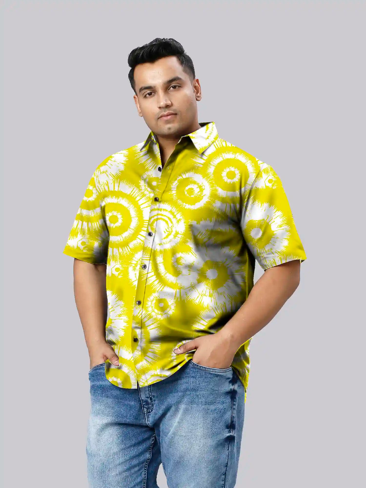 Tie Dye Yellow Cotton Linen Plus Size Half Sleeve Shirt