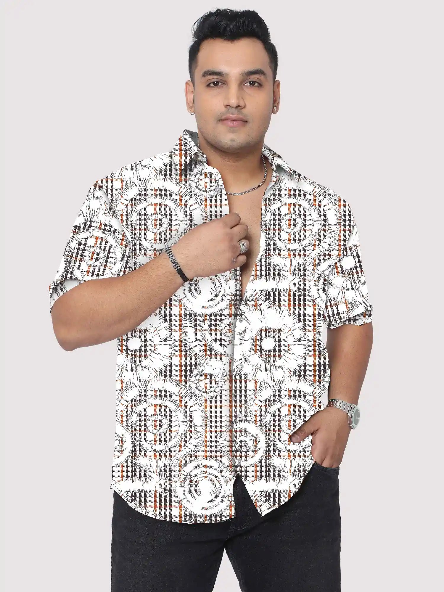 Tie Dye Checks Cotton Linen Plus Size Half Sleeve Shirt