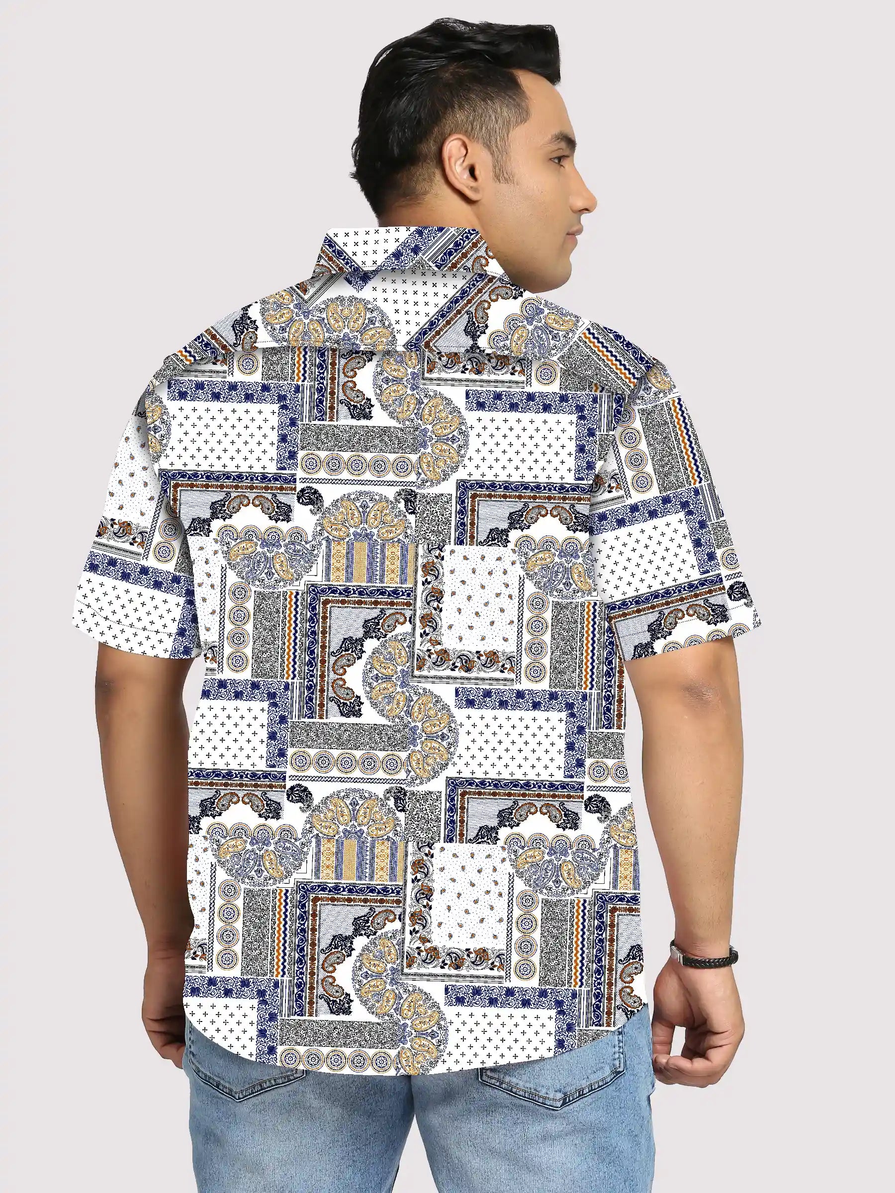 Paisley Patchwork Cotton Linen Plus Size Half Sleeve Shirt