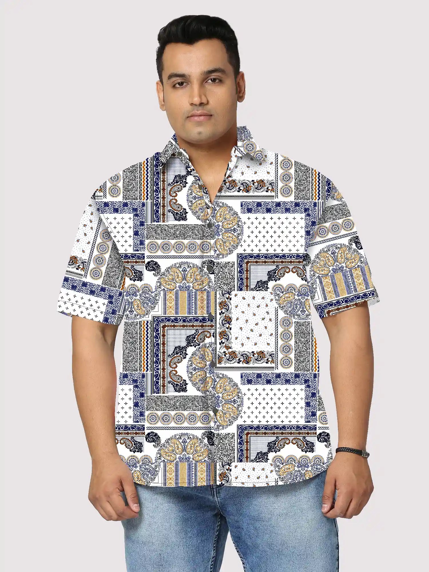 Paisley Patchwork Cotton Linen Plus Size Half Sleeve Shirt