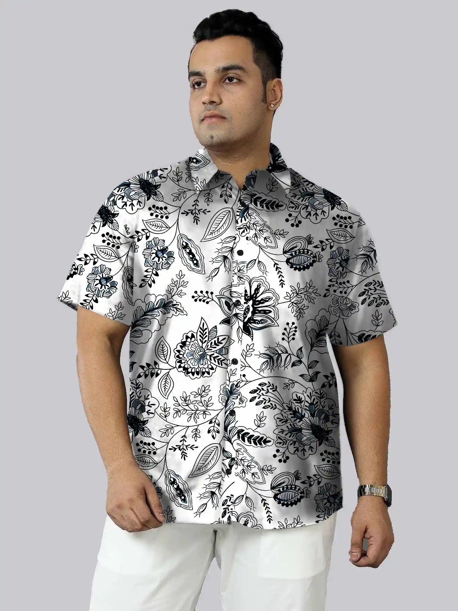 Floral Prints Cotton Linen Plus Size Half Sleeve Shirt